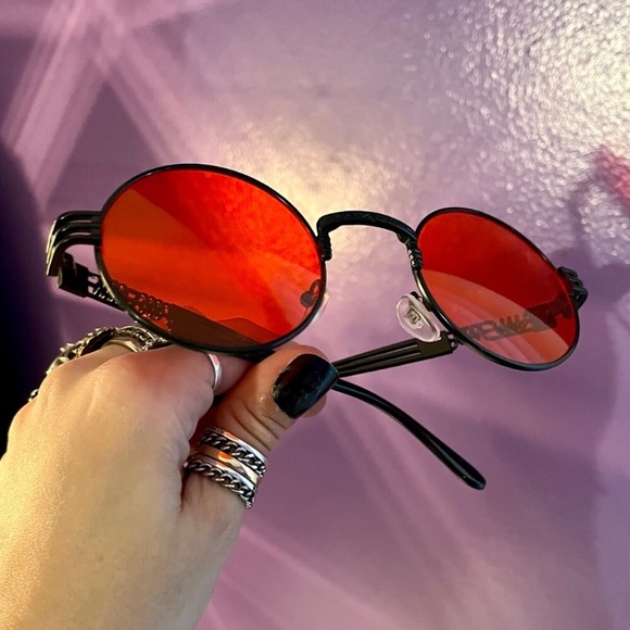 Black & red round shape gothic steam punk sunglasses + black leather pouch - Picture 2 of 15